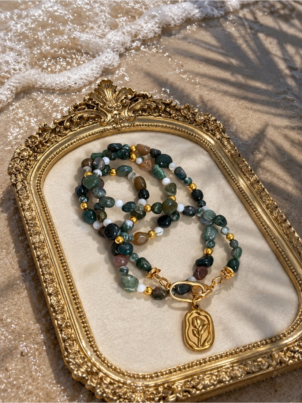 Gold Pendant Green Multi-Stone Beaded Necklace